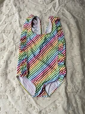 Girls Rainbow Striped Ruffle One-Piece Swimsuit
